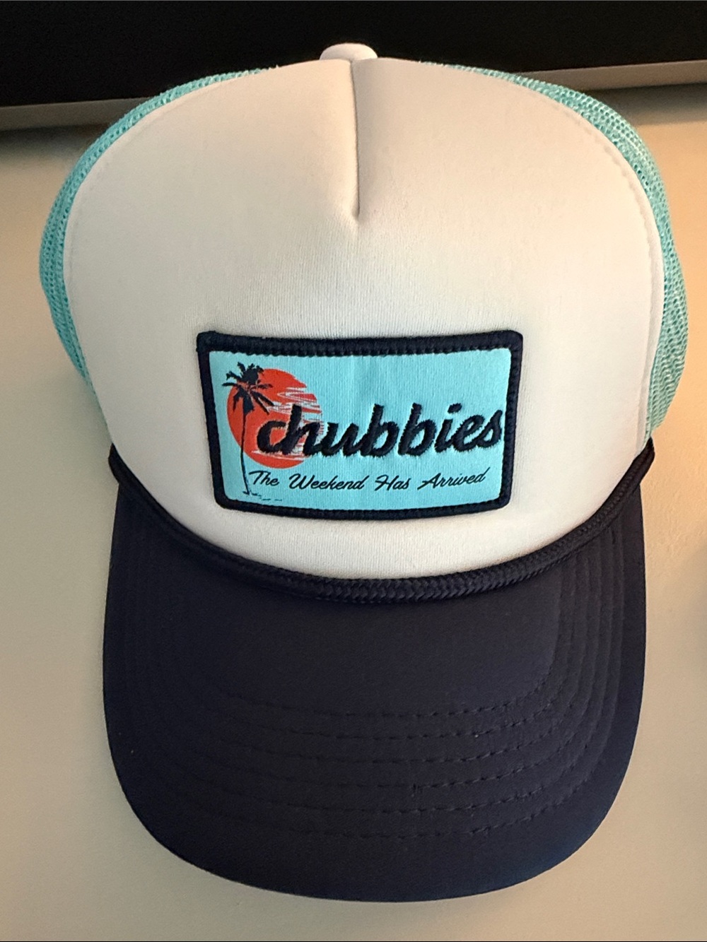 chubbies Kids Trucker Hat in White, Navy & Aqua